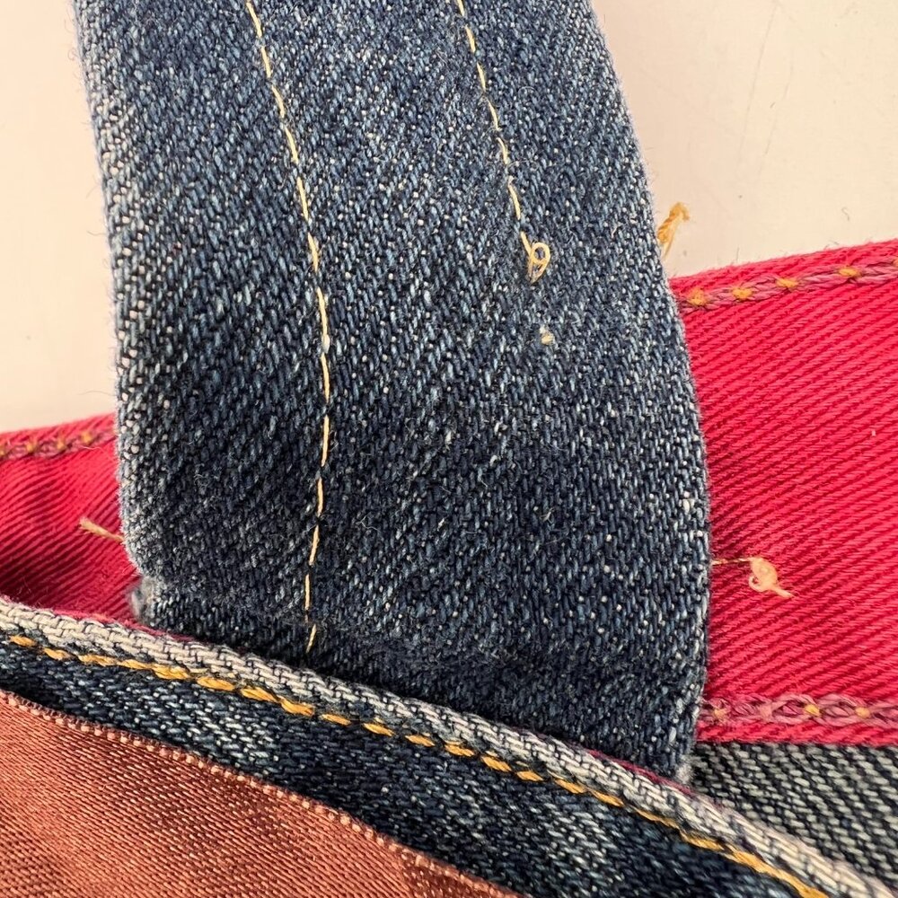 Upcycled Denim Handbag Purse Chic Beaded Pockets & Brown Ribbon FM Jeans Button - Picture 12 of 14